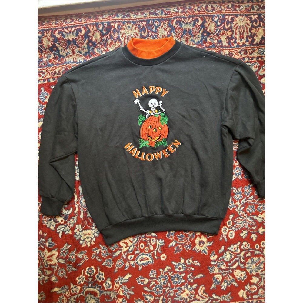 G Vintage Halloween Basic Editions Pumpkin sweater medium Black Skeleton